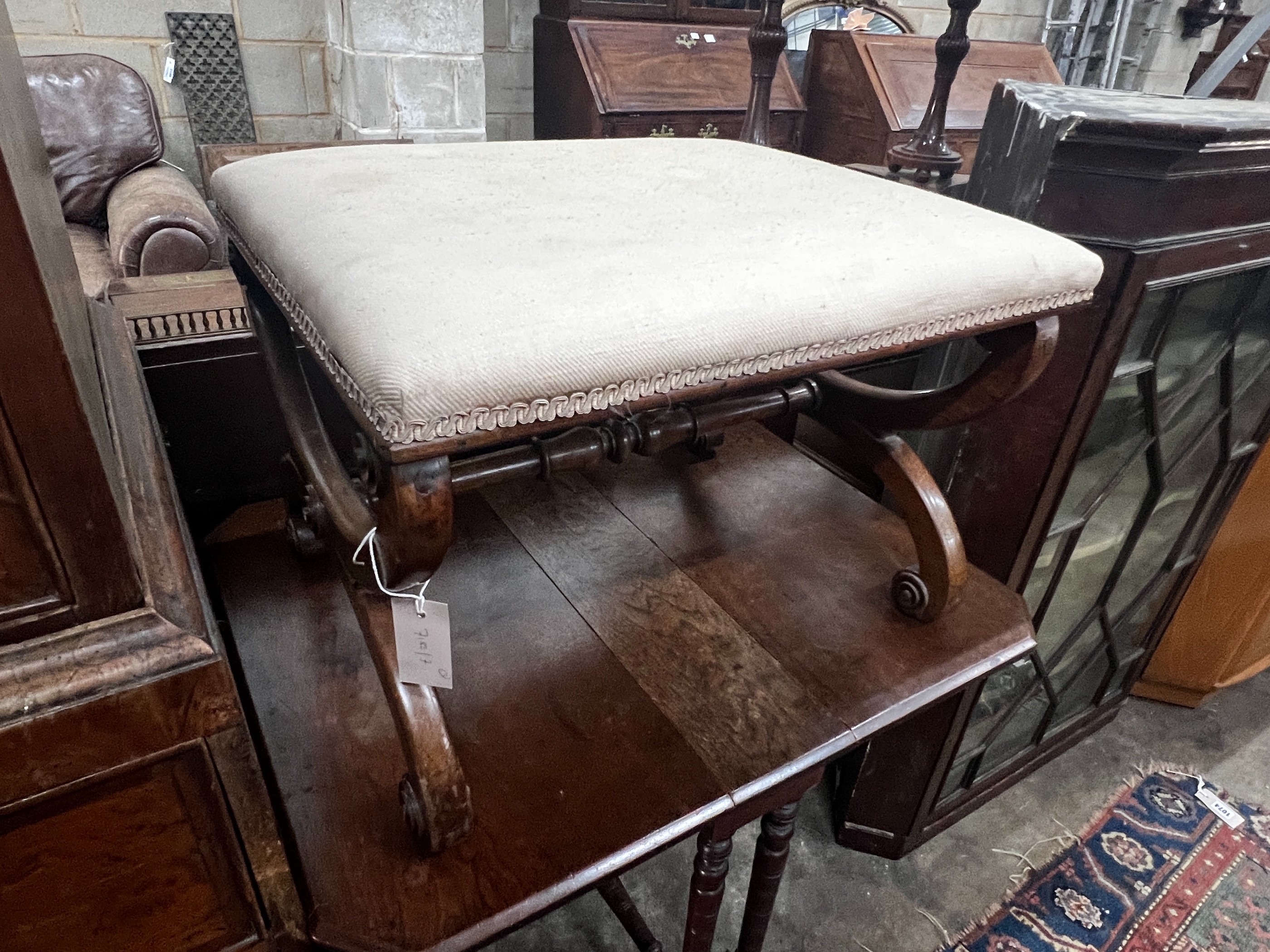 A Victorian rosewood X frame dressing stool, Sutherland table and glazed hanging corner cabinet